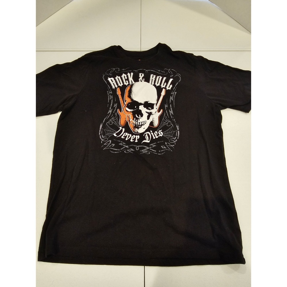 Rock & Roll Never Dies Skull Guitar Halloween‎ T-Shirt Youth XXL Black